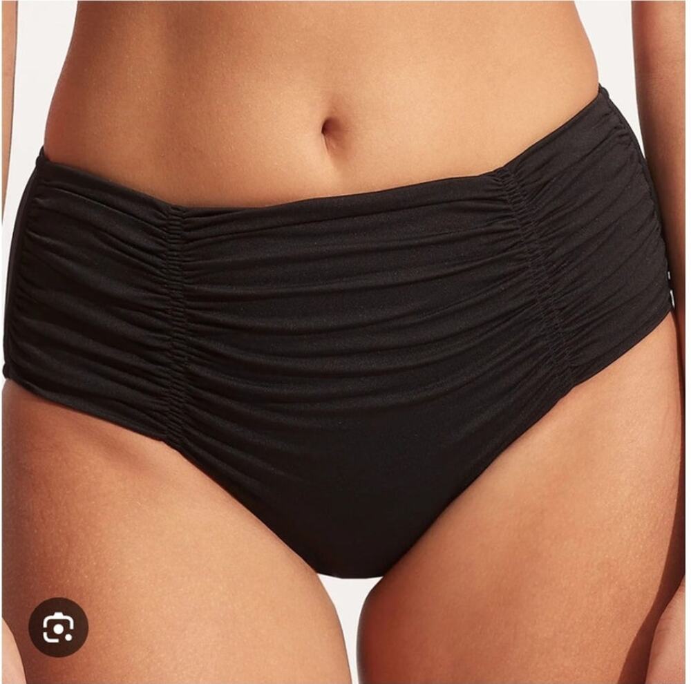 Seafolly Gathered Front Retro Bikini Bottom Black US8 AUS12 Ruched Full Coverage